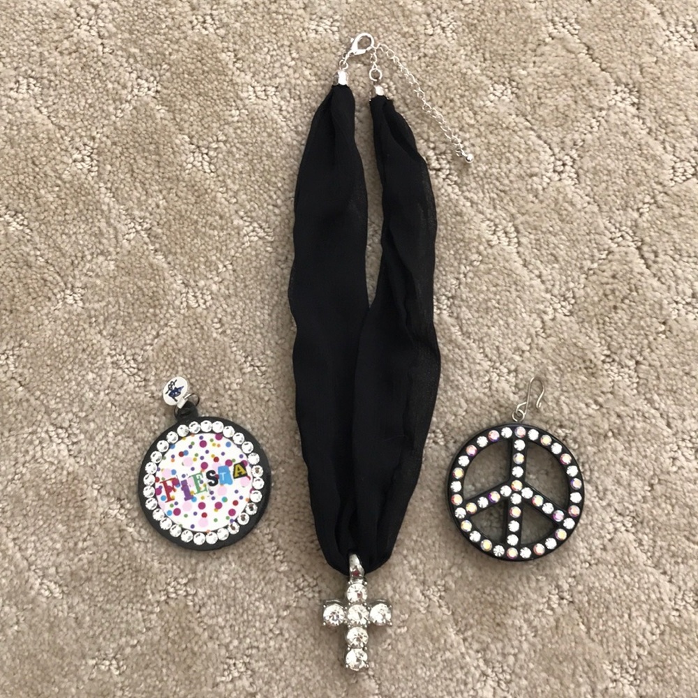 4/$25 BUNDLE of black ribbon necklace & 3 pendants